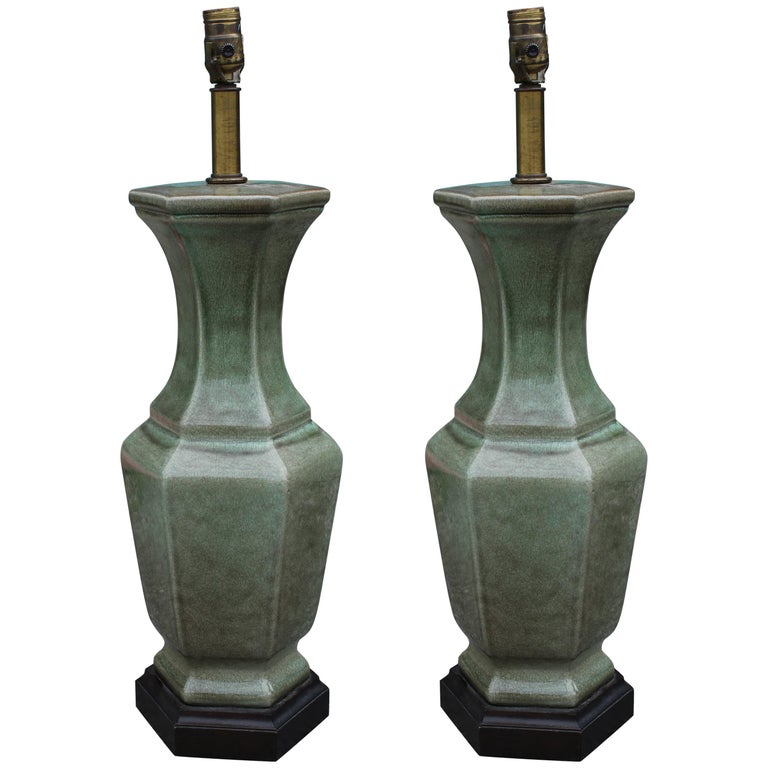 Pair of Frederick Cooper Green Glazed Ceramic Vase Table Lamps at 1stDibs