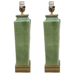 Retro Pair of Frederick Cooper Green Glazed Ceramic and Brass Table Lamps