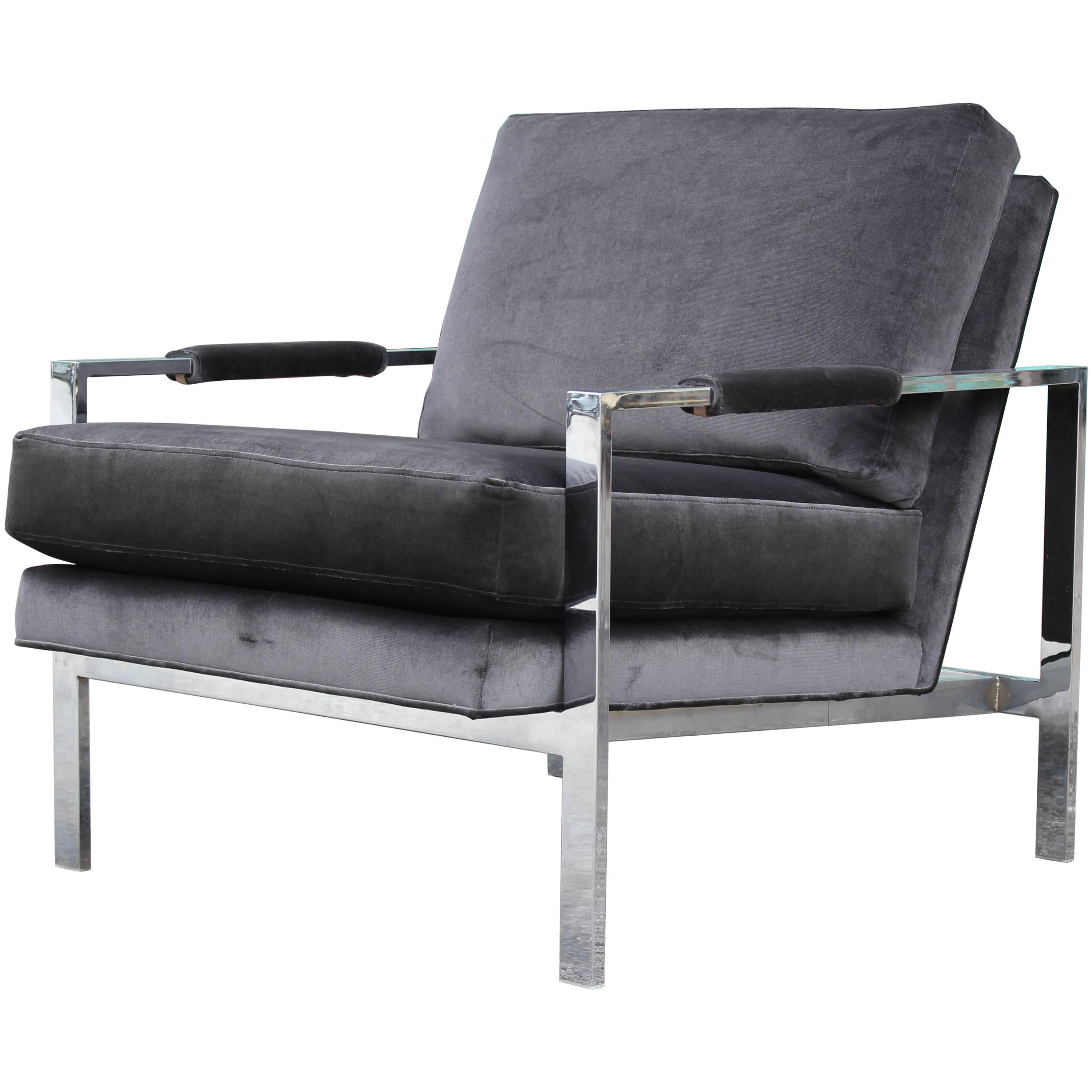 Modern Chrome and Dark Grey Velvet Milo Baughman Lounge Chair