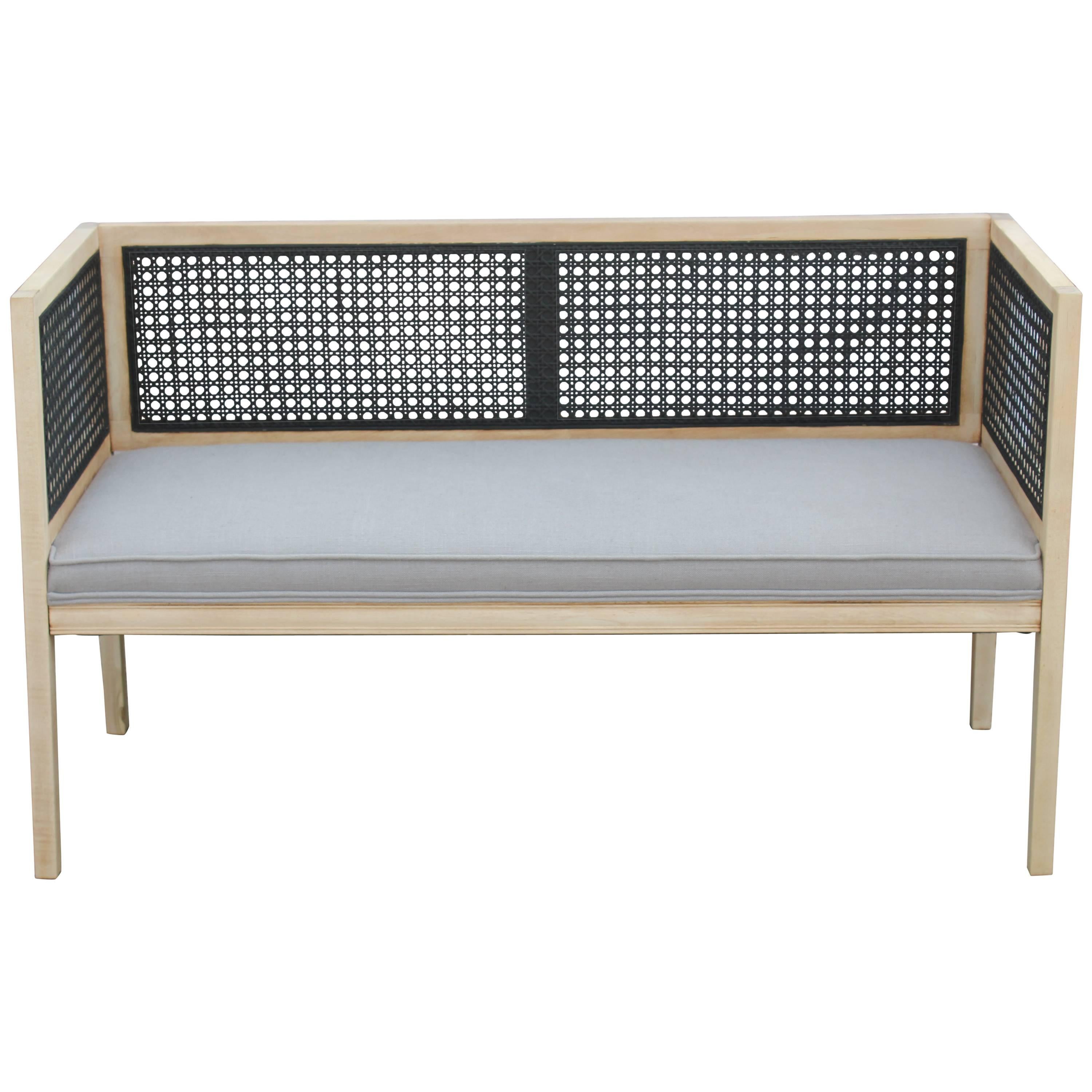 Modern Cane and Bleached Wood Settee or Love Seat in a Light Grey Woven