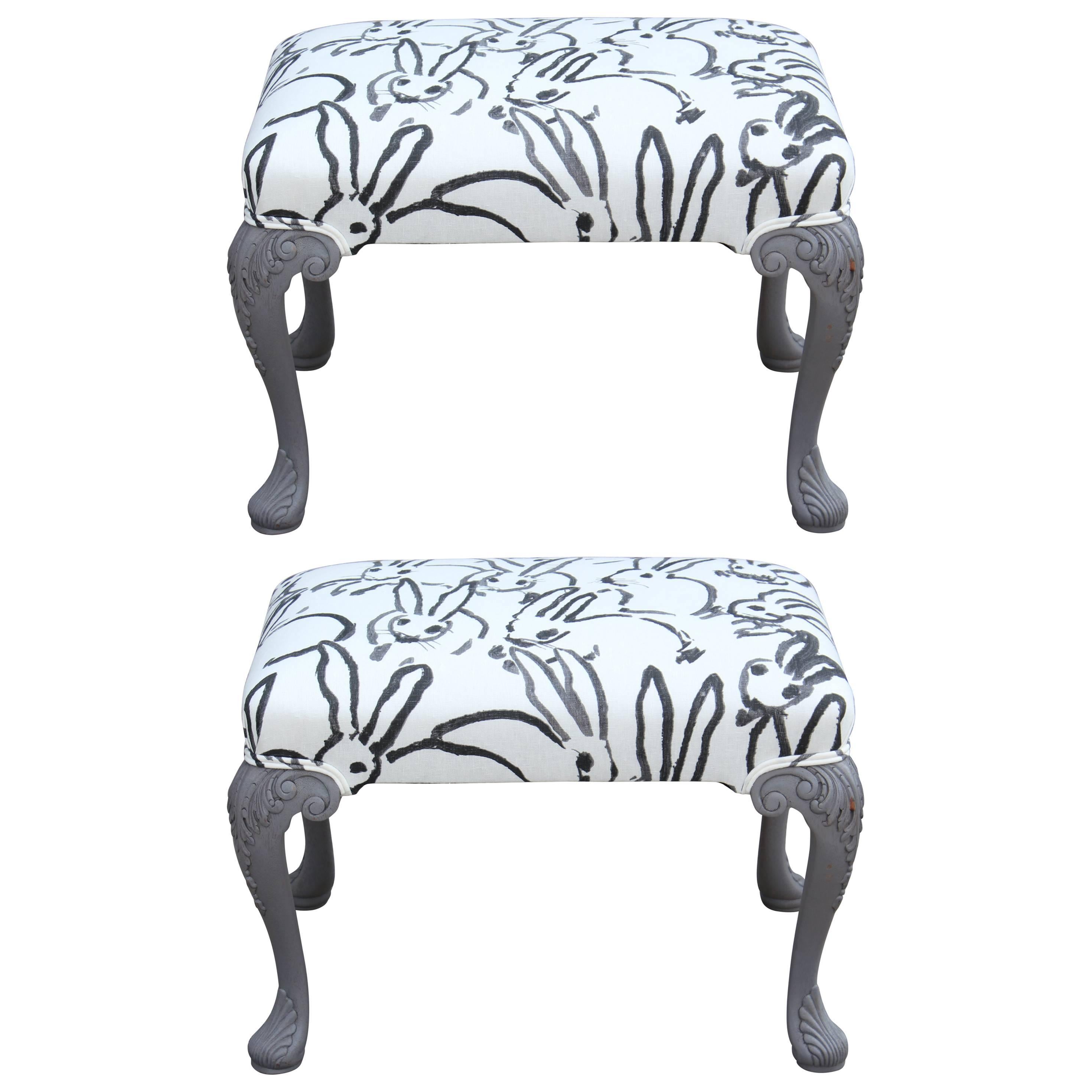 Pair of Modern French Grey Henredon Ottomans in Hunt Slonem Rabbit Fabric