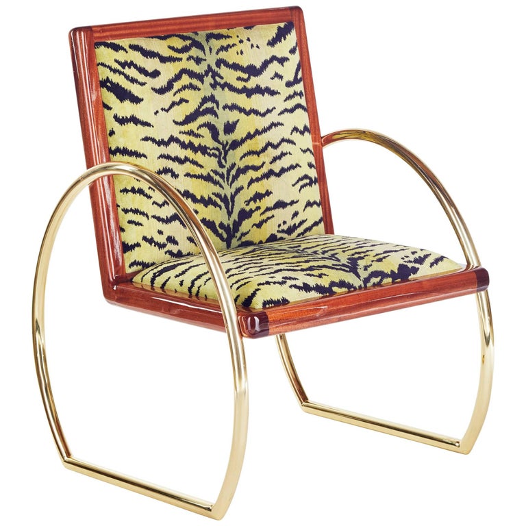 Lounge Chair With Mahogany Green Tiger Velvet & Solid Brass For Sale