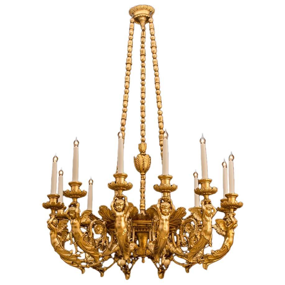Italian 19th Century Gold Carved Wood Chandelier