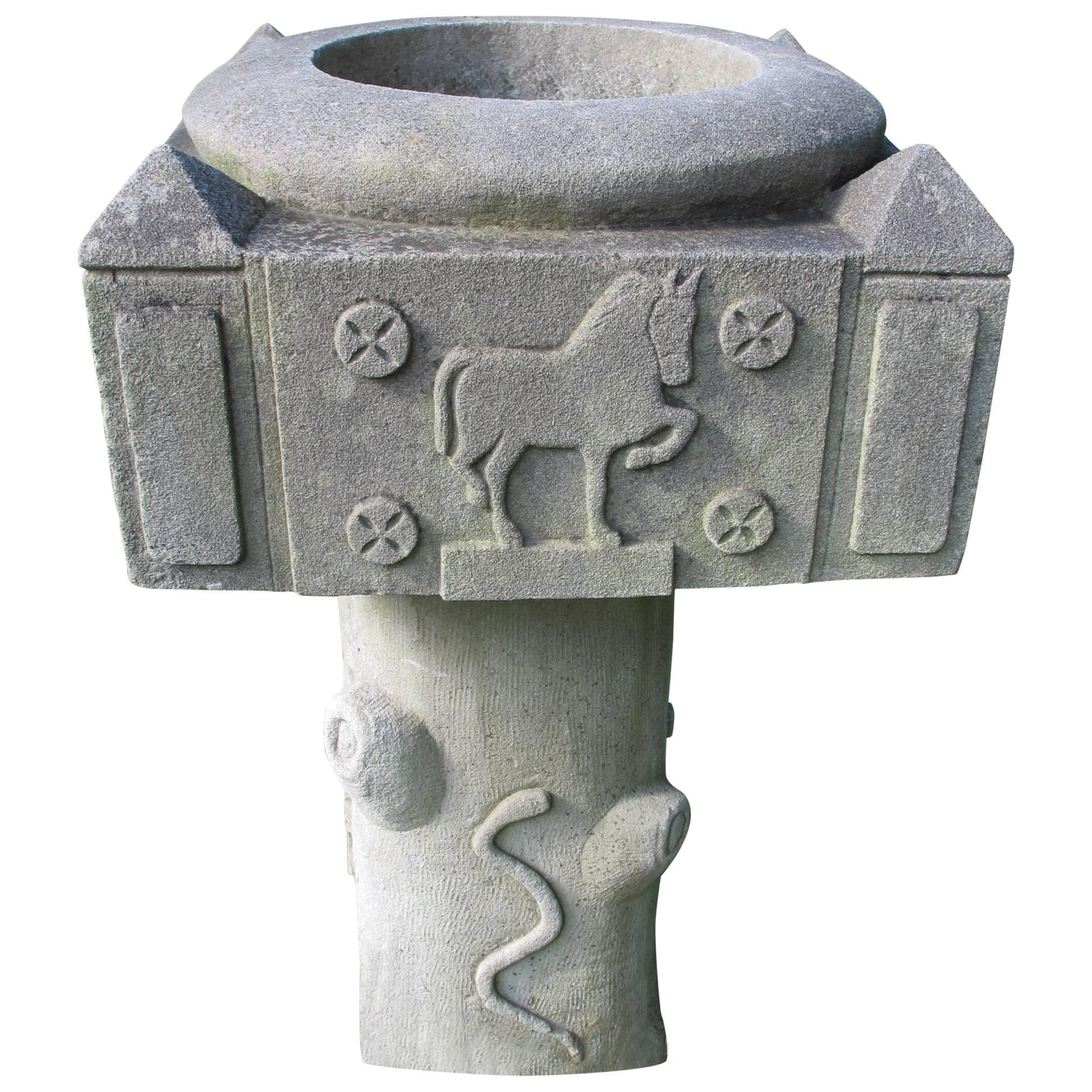 Limestone Planter with Carved Horse Rooster Cow Snake and Bird For Sale