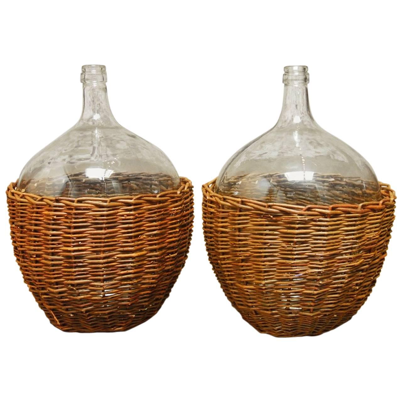 Pair of Woven Willow Demijohn Glass Wine Bottles 