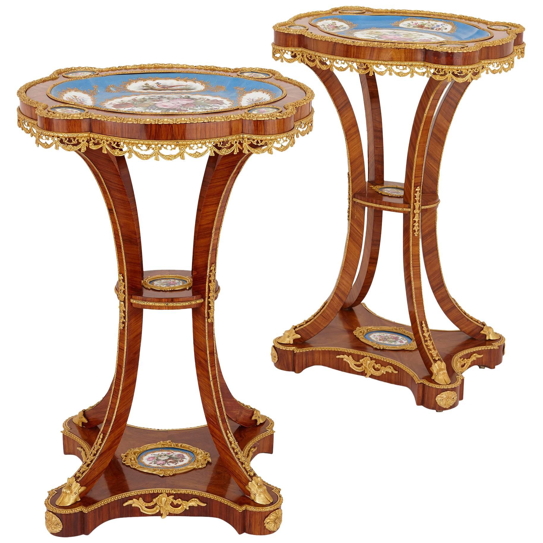 French Antique Ormolu-Mounted Side Tables with Sevres Style Porcelain Plaques