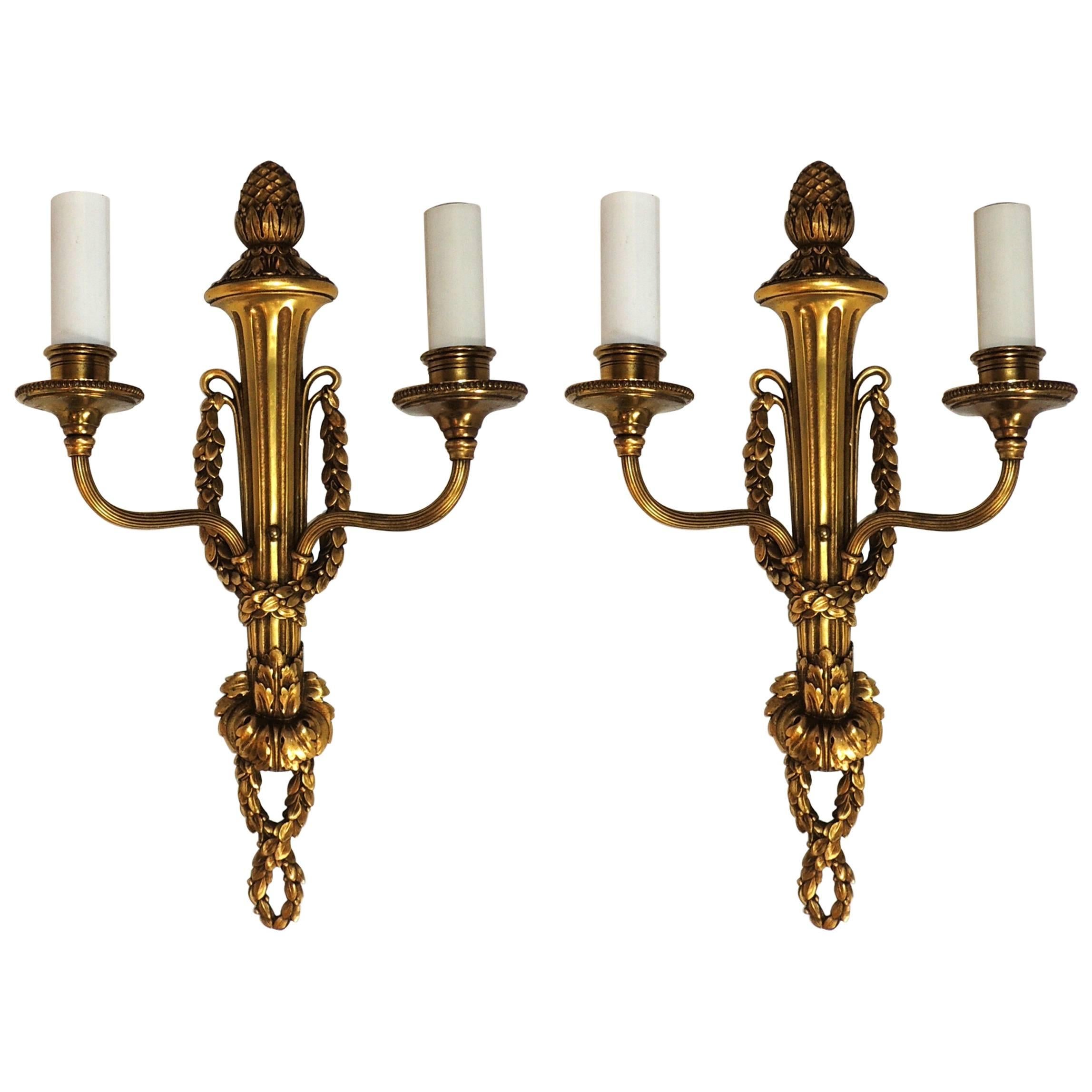 Wonderful Pair Caldwell Two-Arm Brass Bronze Wreath Neoclassical Regency Sconces