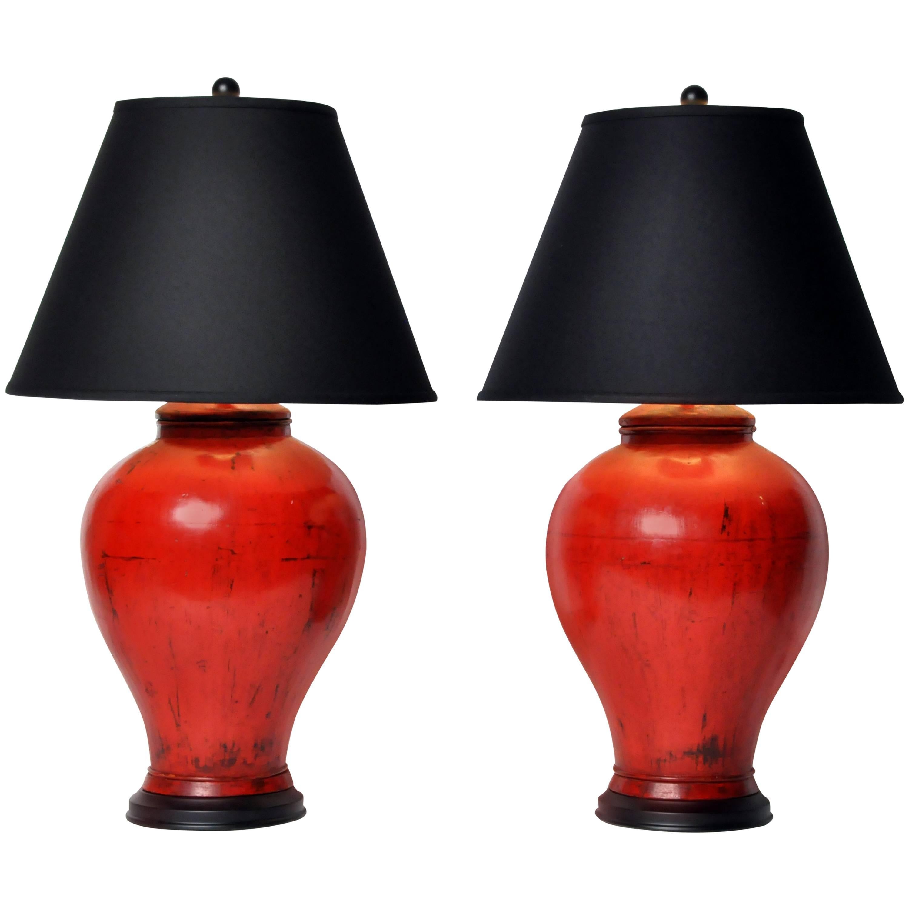 Pair of Chinese Red Lacquer Canister Table Lamps