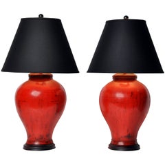 Vintage Pair of Chinese Red Lacquer Canister Table Lamps