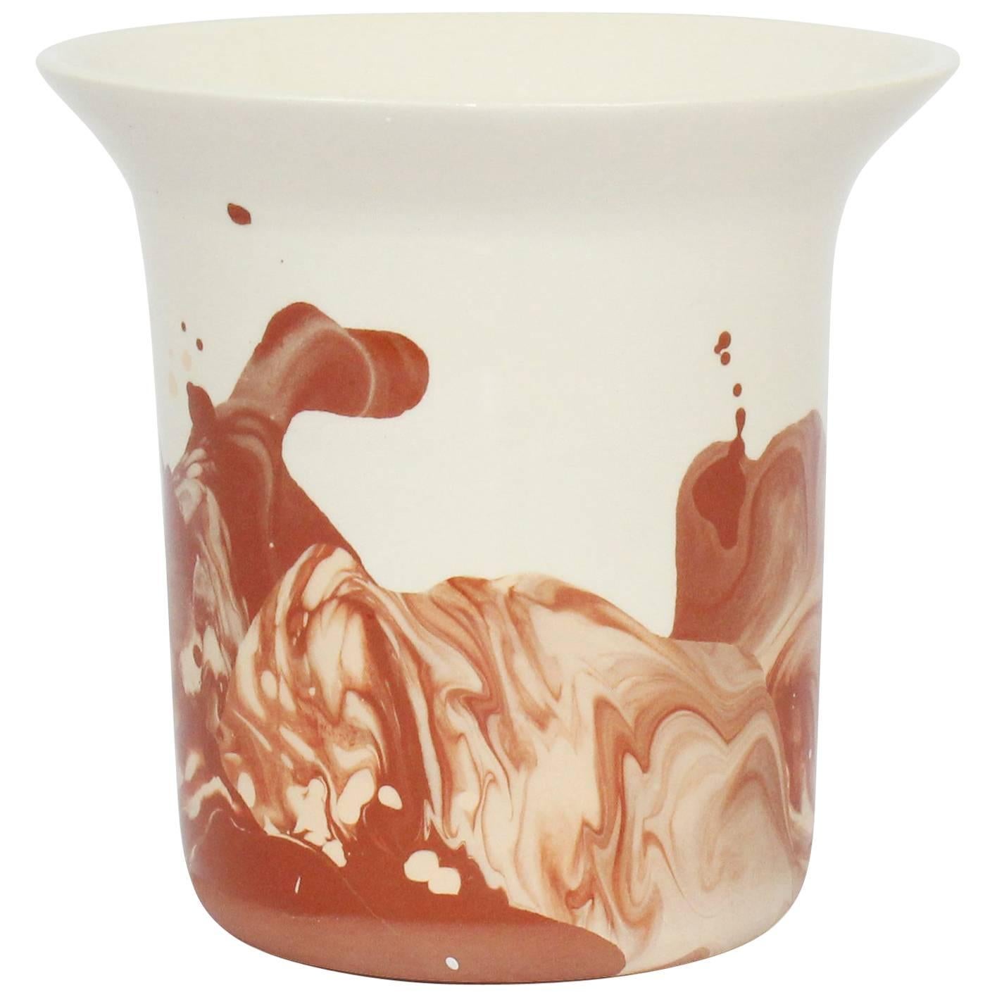 Contemporary Handmade Marbled Ceramic Vase - White, Peach and Brown For Sale