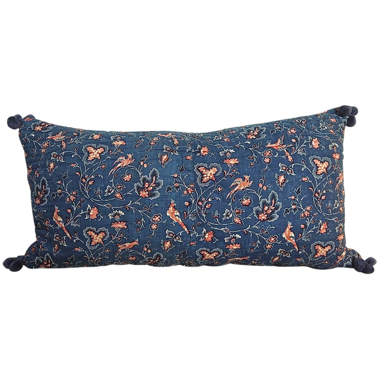 Early 19th Century French Blockprinted Indigo Resist and Red Birds  Pillow