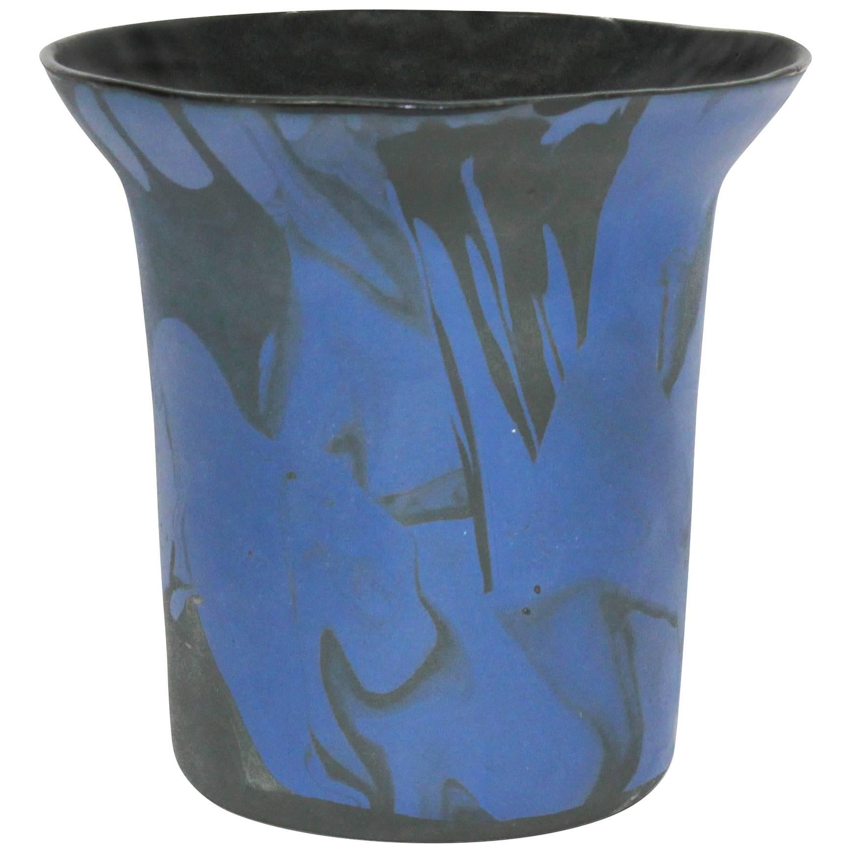 Contemporary Marbled Ceramic Vase Pearlescent Blue and Black, Handmade For Sale