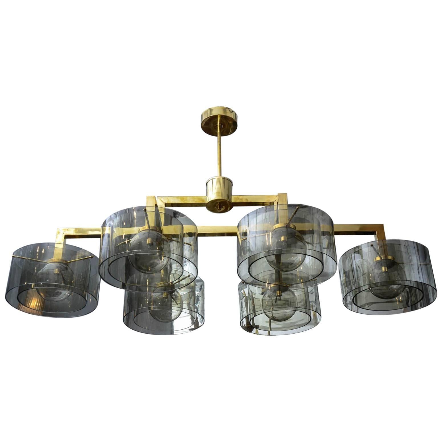 Glustin Luminaires Creation Brass Chandelier with Grey Glass Cylinder For Sale