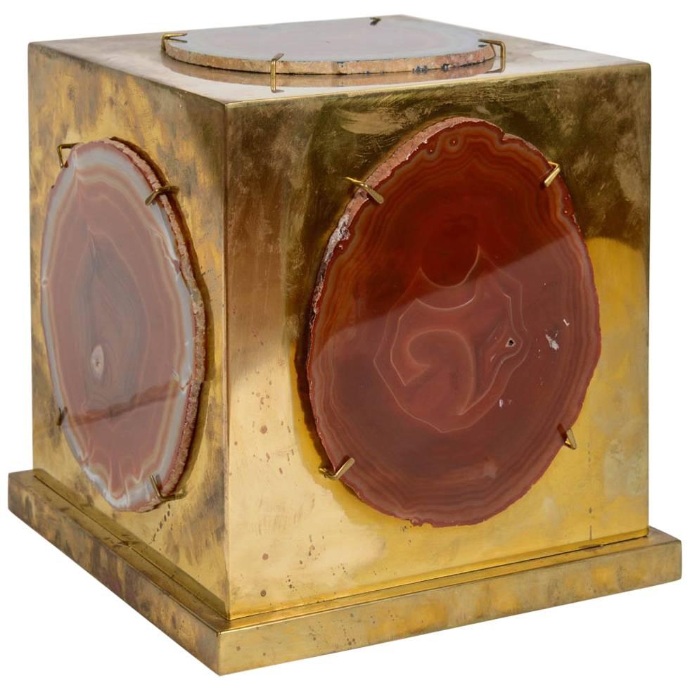Lampe de bureau carrée en laiton et agate en forme de boîte en vente