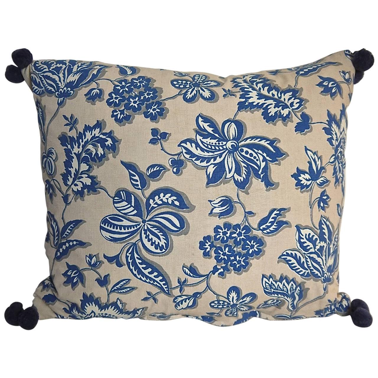 French Printed Cotton Blue and White Floral Pillow, circa 1930s For Sale