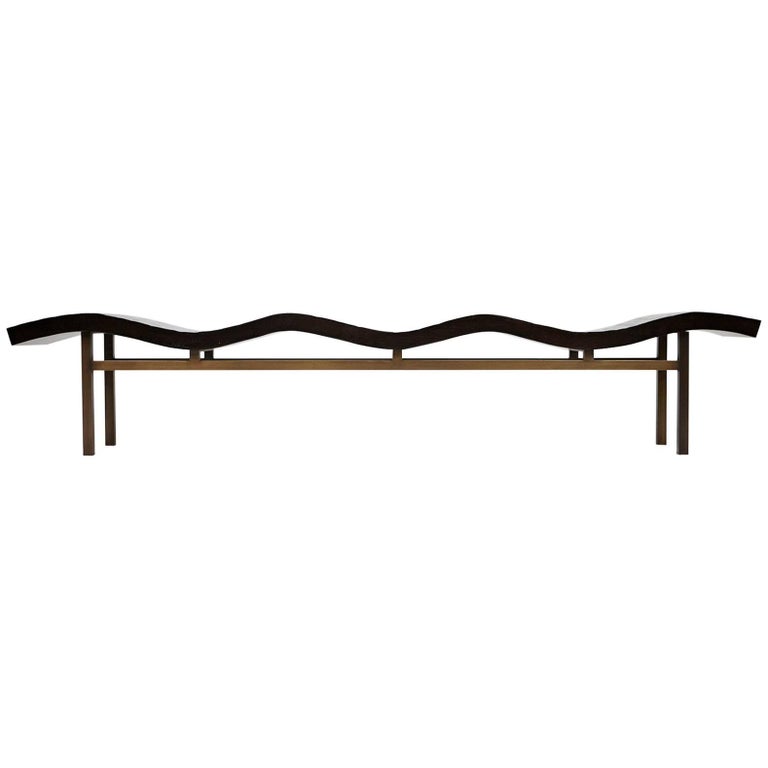 Elegant Bamboo Wave Bench with Split Bamboo and Brass Base by Aguirre Design For Sale