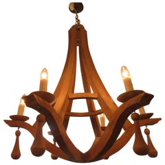Vintage Six-Light Gothic Form Reclaimed Wood Chandelier 