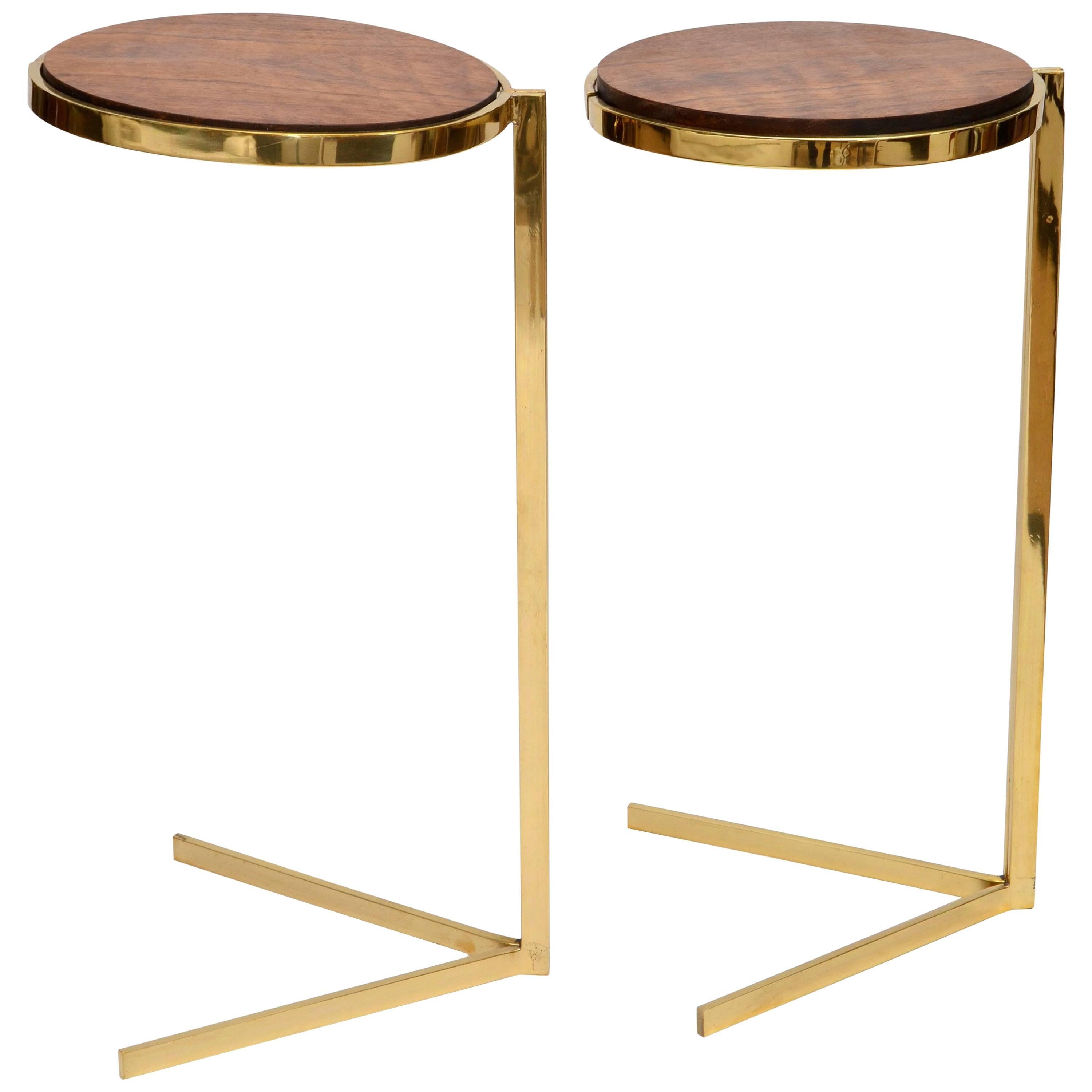 Art Deco Personal Brass with Wooden Top Side Tables