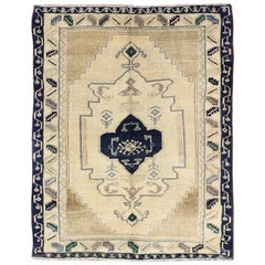 Multi-Layered Medallion Vintage Turkish Oushak Rug in Cream and Midnight Blue