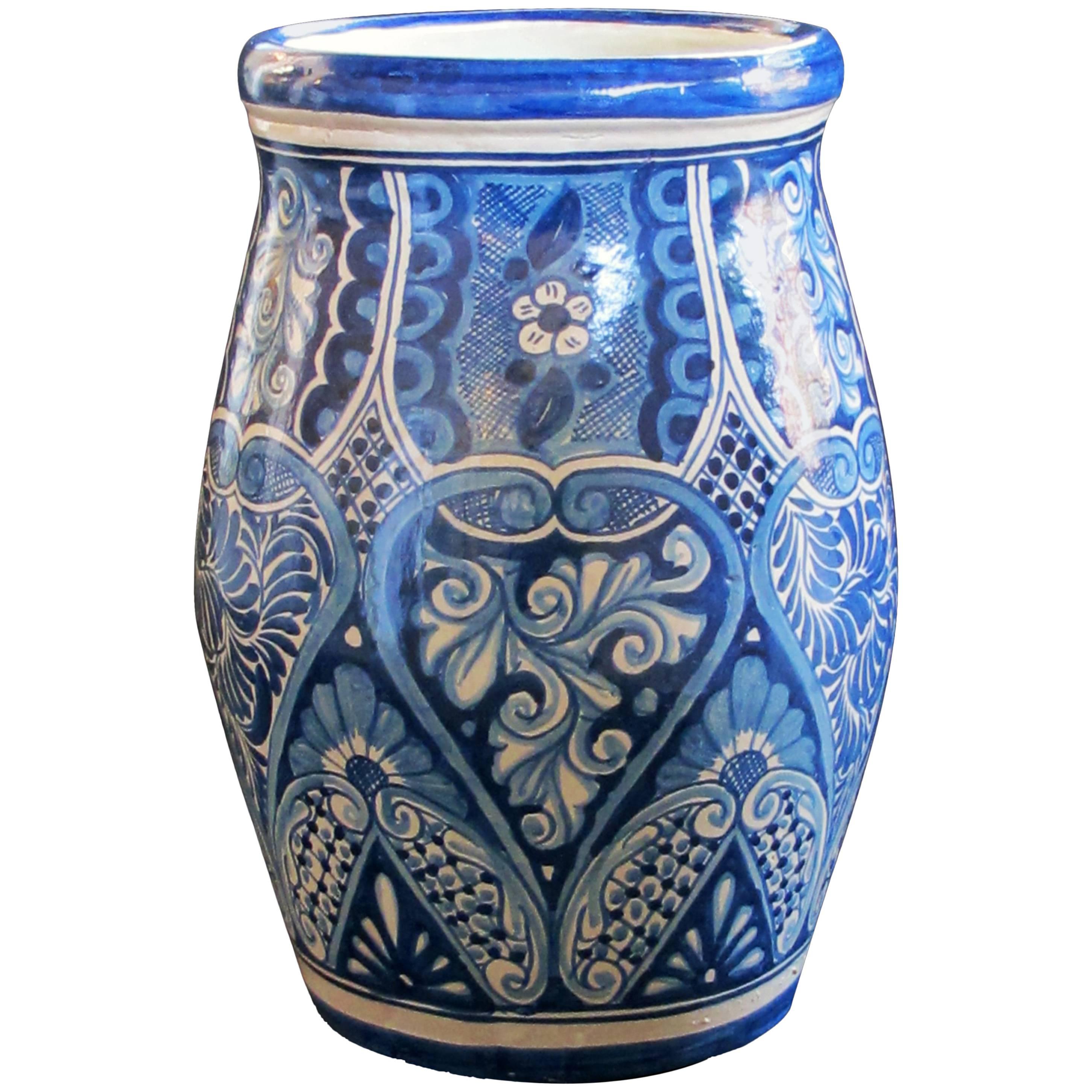 Mexican Hand-Thrown Blue and White Glazed Barrel-Form Pot from Talavera Vazquez