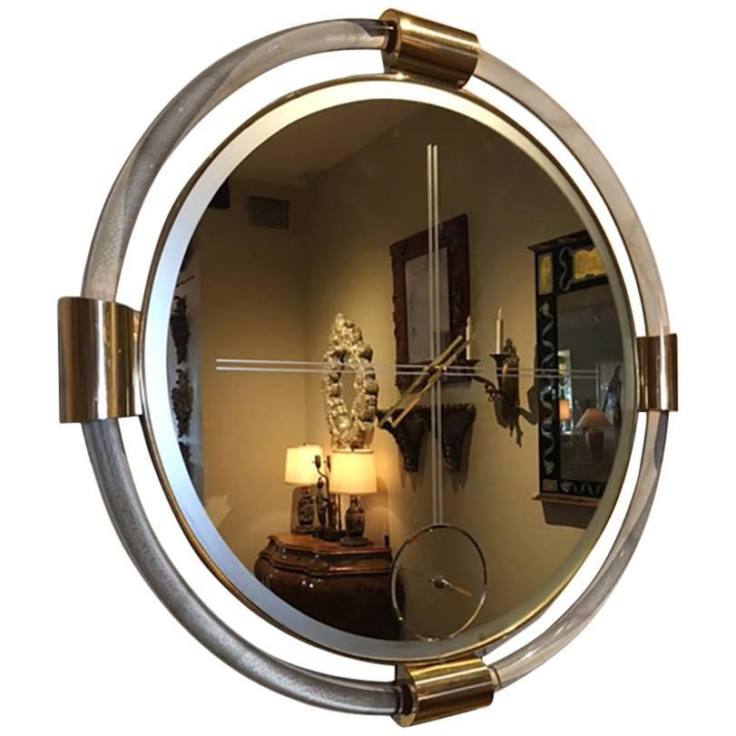 Mid-Century Modern Lucite and Brass Clock with Mirror