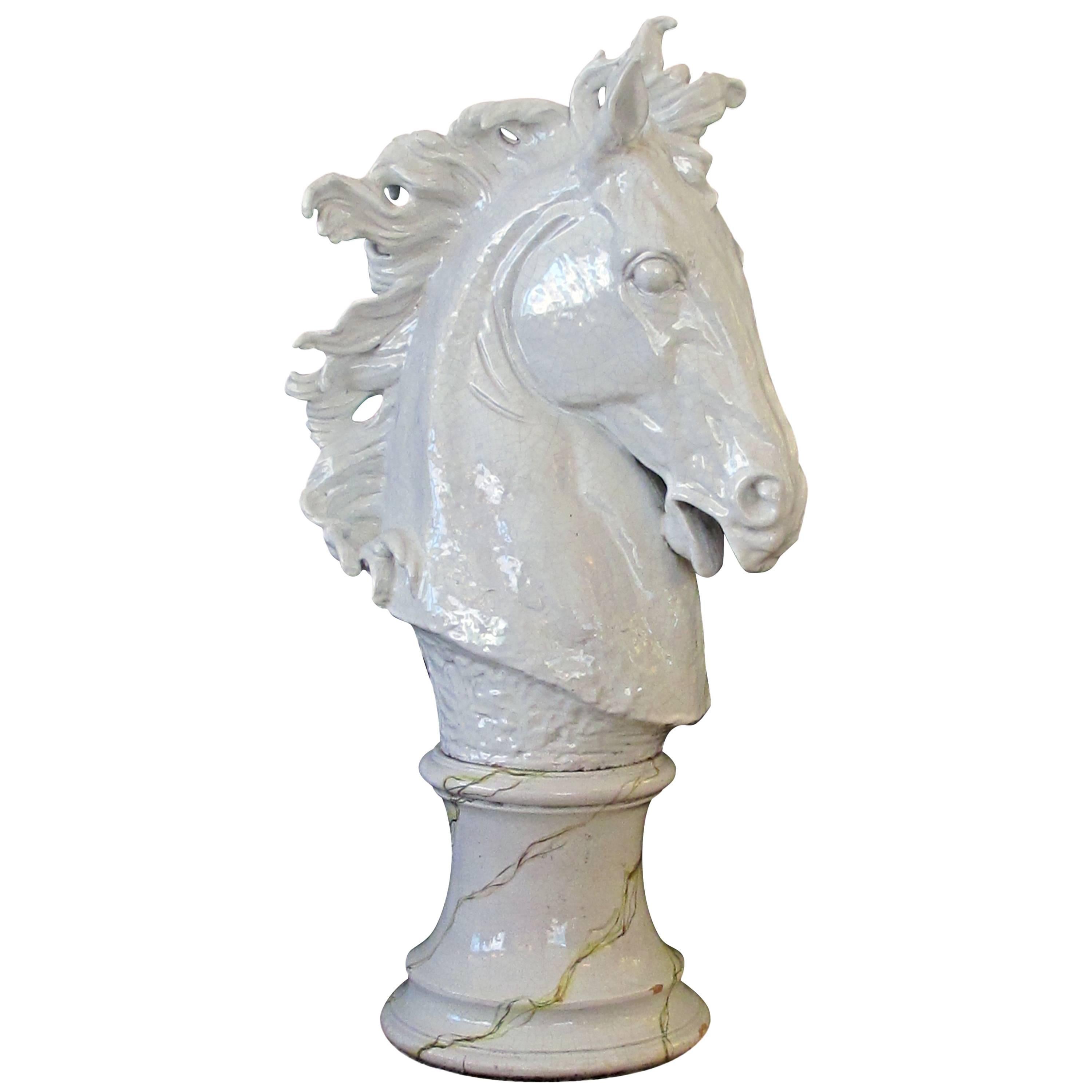 Monumental and Expressive Italian Majolica Midcentury White-Glazed Horse Head For Sale