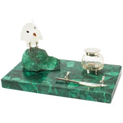 Antique Malachite & Crystal Owl Rectangular Ink Desk Set, circa 1920