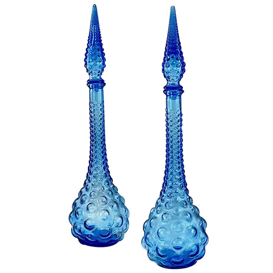 Pair of Italian Blue Glass Vases with Clear Bubbles