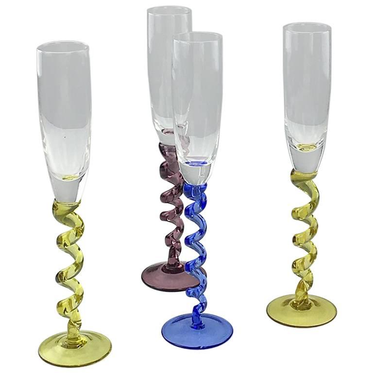 Set of Four Colored Champagne Glasses, Flutes