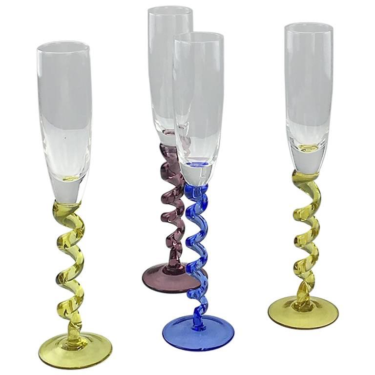 Set of Four Colored Champagne Glasses, Flutes at 1stDibs