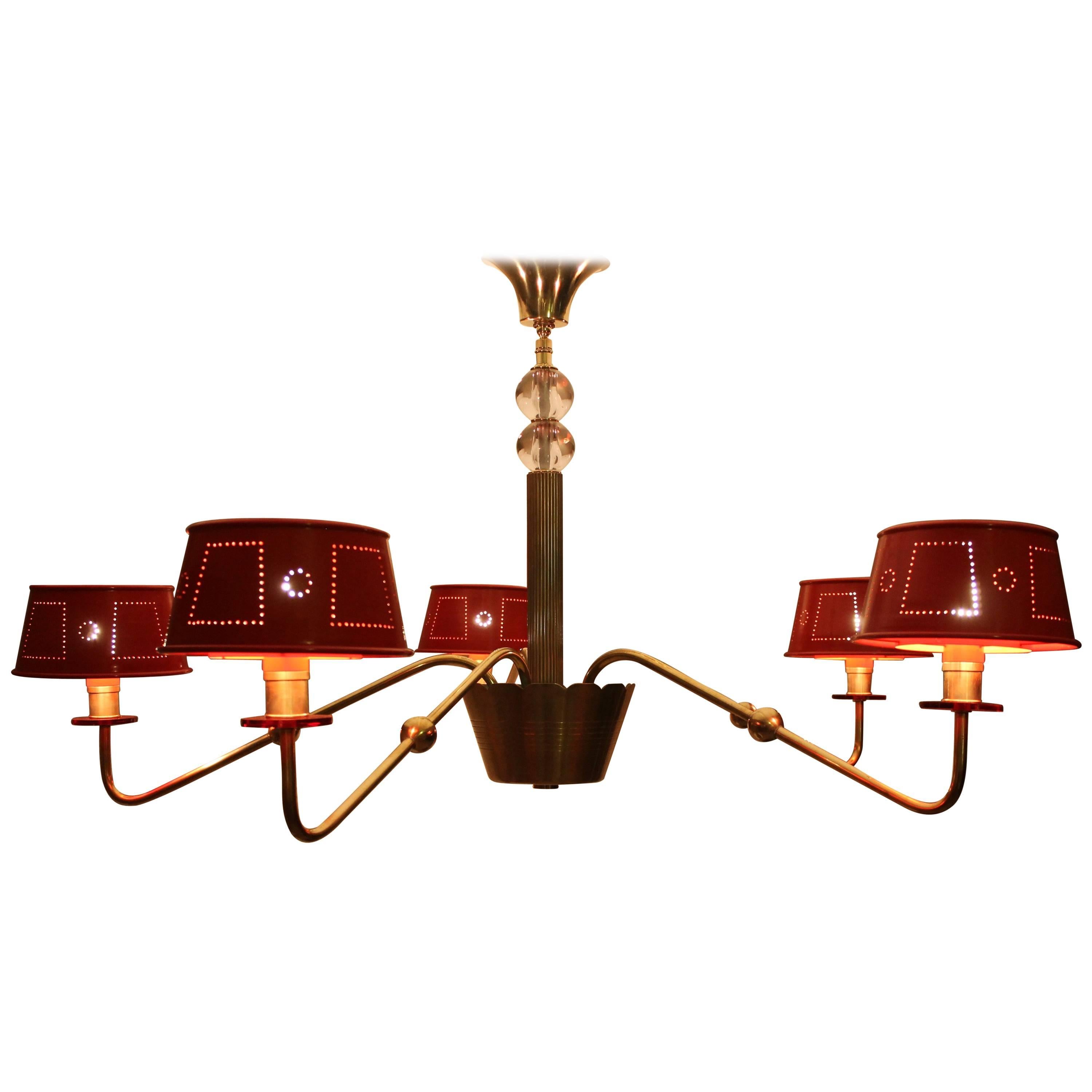 Brass and Glass Red Chandelier in the Style of Tommi Parzinger