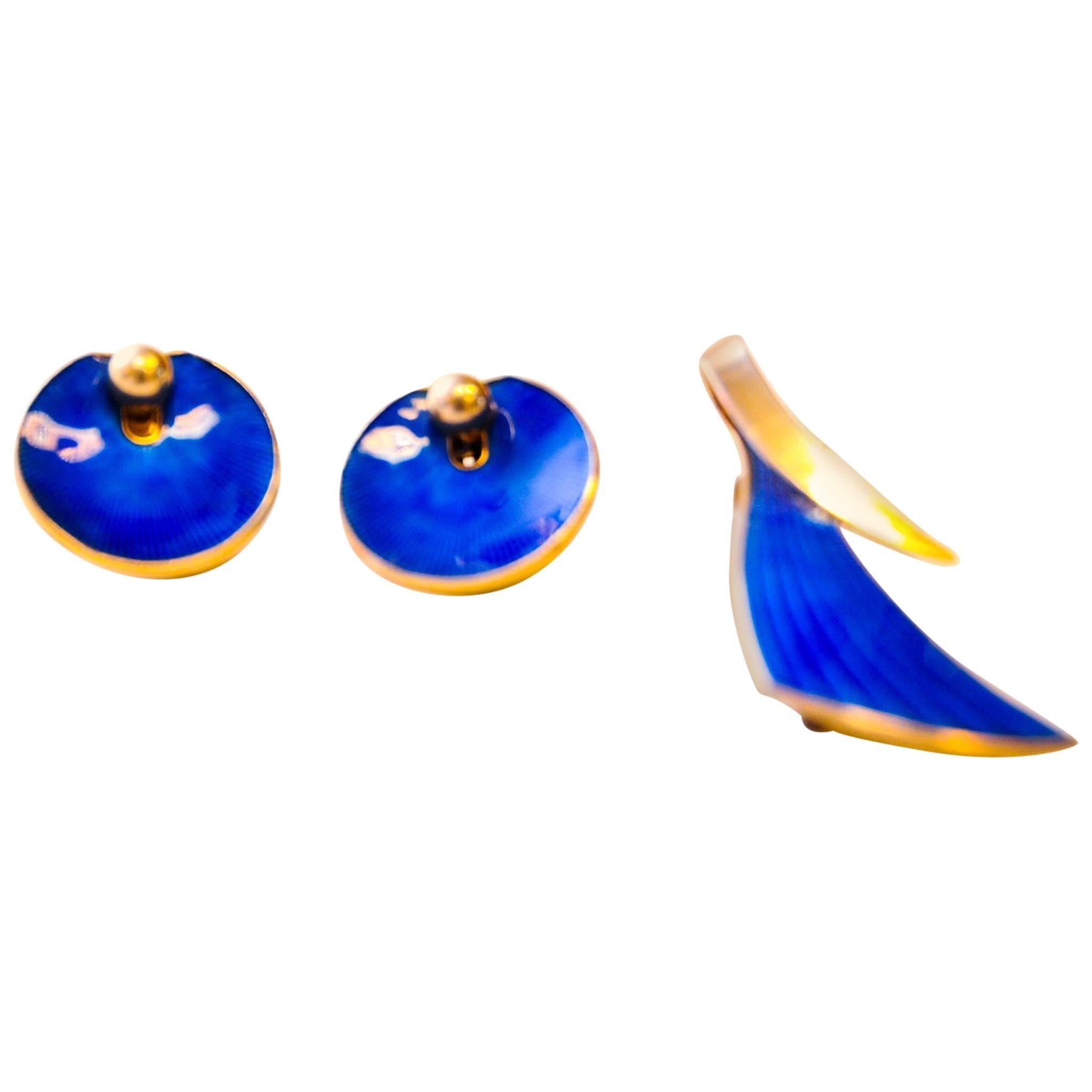 Silver Brosch and Earrings with Blue Enamel 1950`s, Albert Scharning, Norway