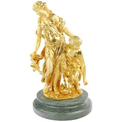 Beautiful Bronze Fire-Giltly, Green Marble Figure Group, Signed, France
