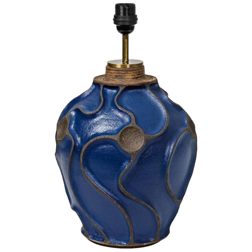 Ceramic Lamp by Hervé Taquet with Dark Blue Glaze Decoration