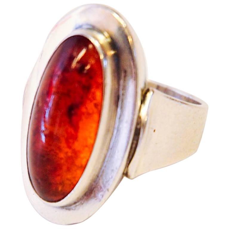Oval Sterling Amber Ring from the 1960`s, N E from Norway