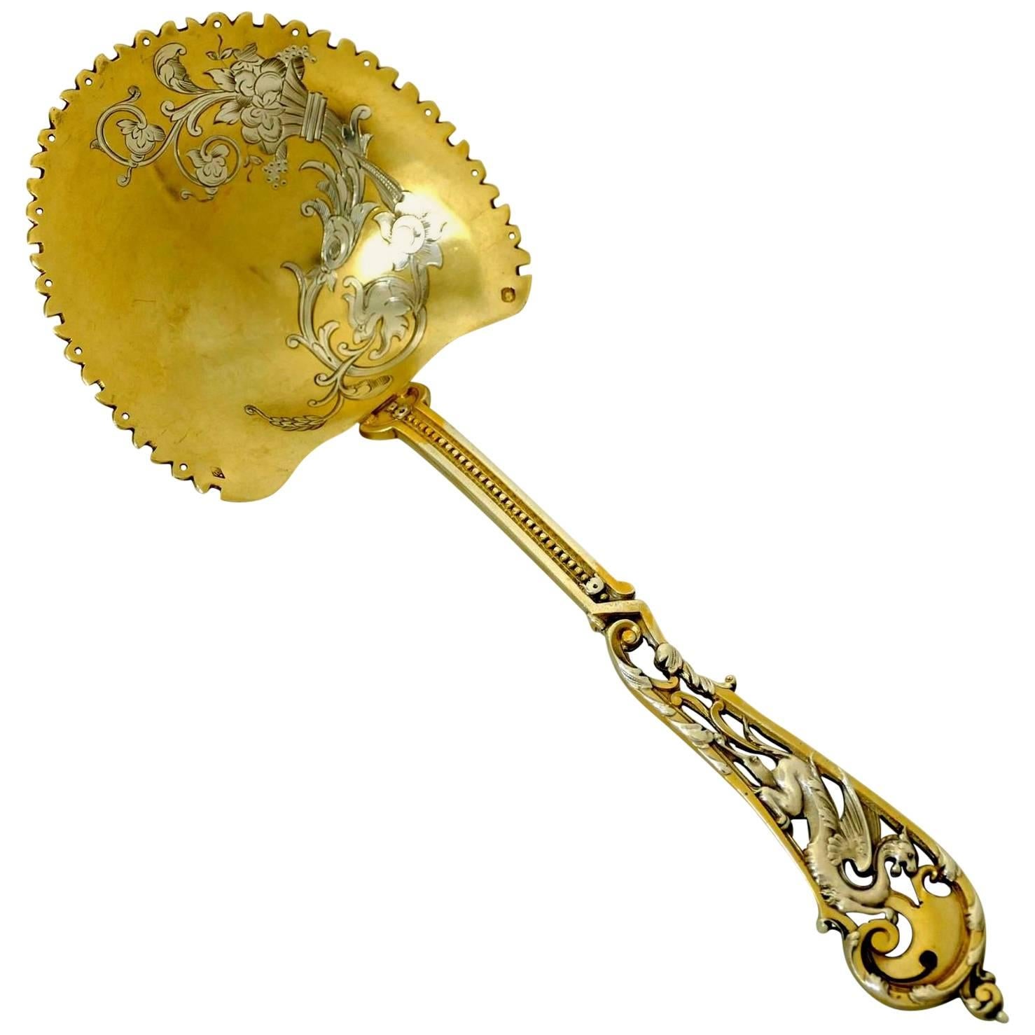 Soufflot Masterpiece Sterling Silver 18-Karat Gold Strawberry Spoon Dragon For Sale