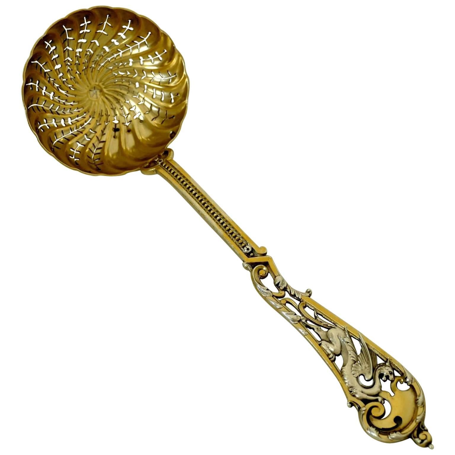Soufflot Masterpiece Sterling Silver 18 Karat Gold Sugar Sifter Spoon Dragon