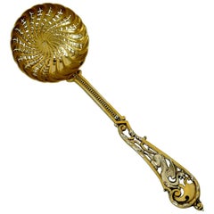 Antique Soufflot Masterpiece Sterling Silver 18 Karat Gold Sugar Sifter Spoon Dragon