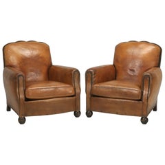 Antique French Art Deco Original Leather Club Chairs