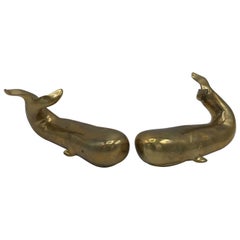 Vintage 1970s Sarreid Brass Whale Sculptures or Bookends, Pair