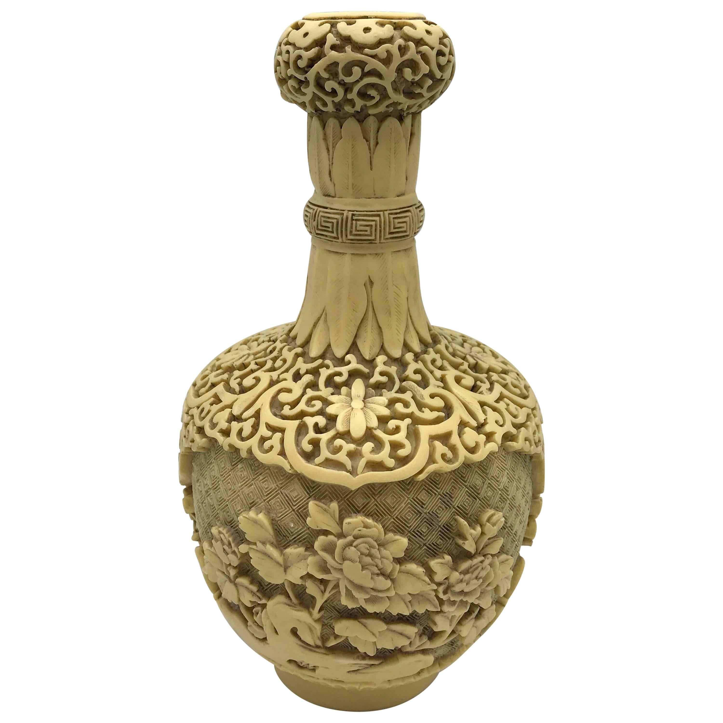 1950s Faux Ivory Cinnabar Vase with Floral Motif