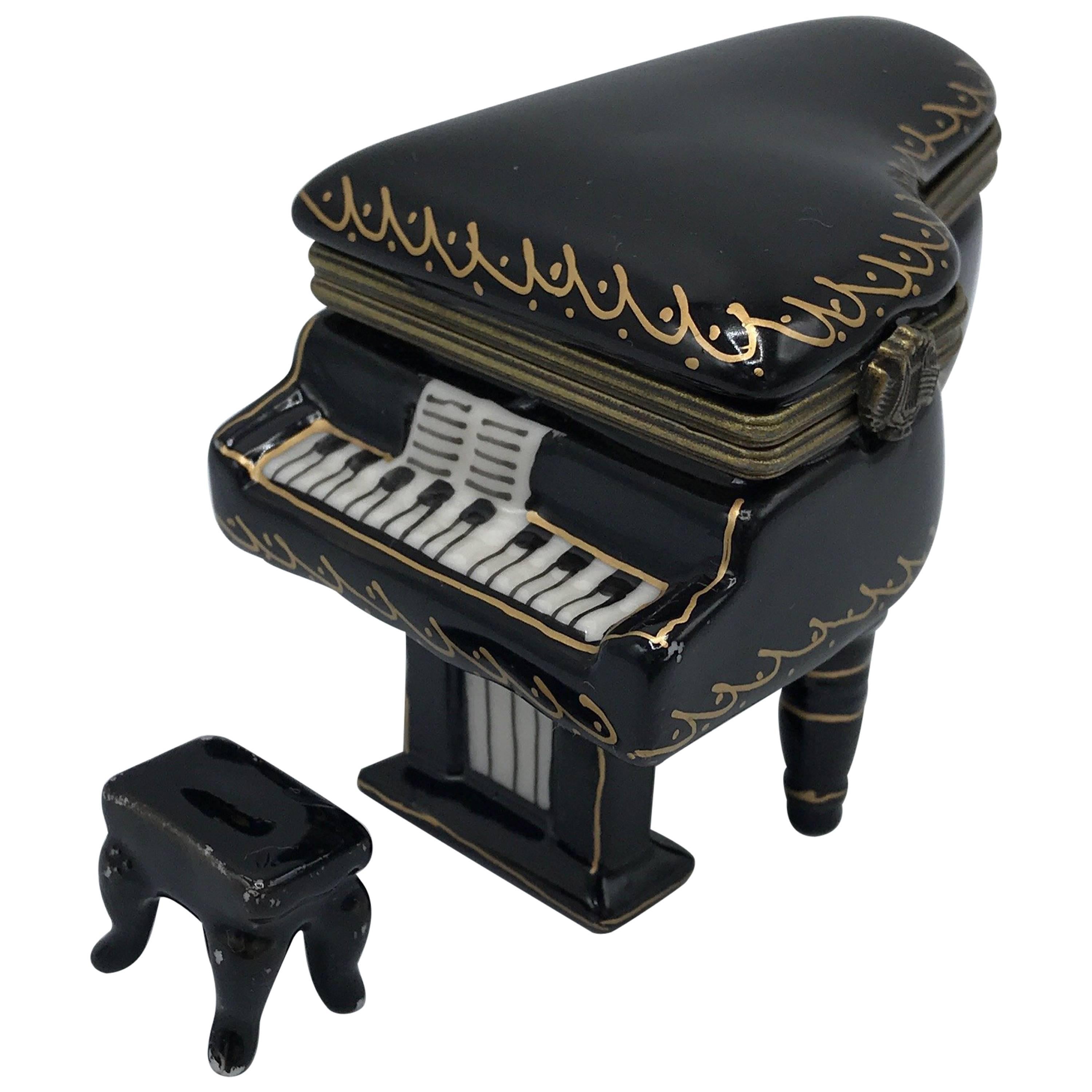 1960s French Limoges Style Black and Gold Grand Piano Trinket Box