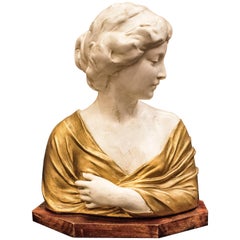 Art Nouveau Sculpture, "Female Bust" in Plaster and Polychrome