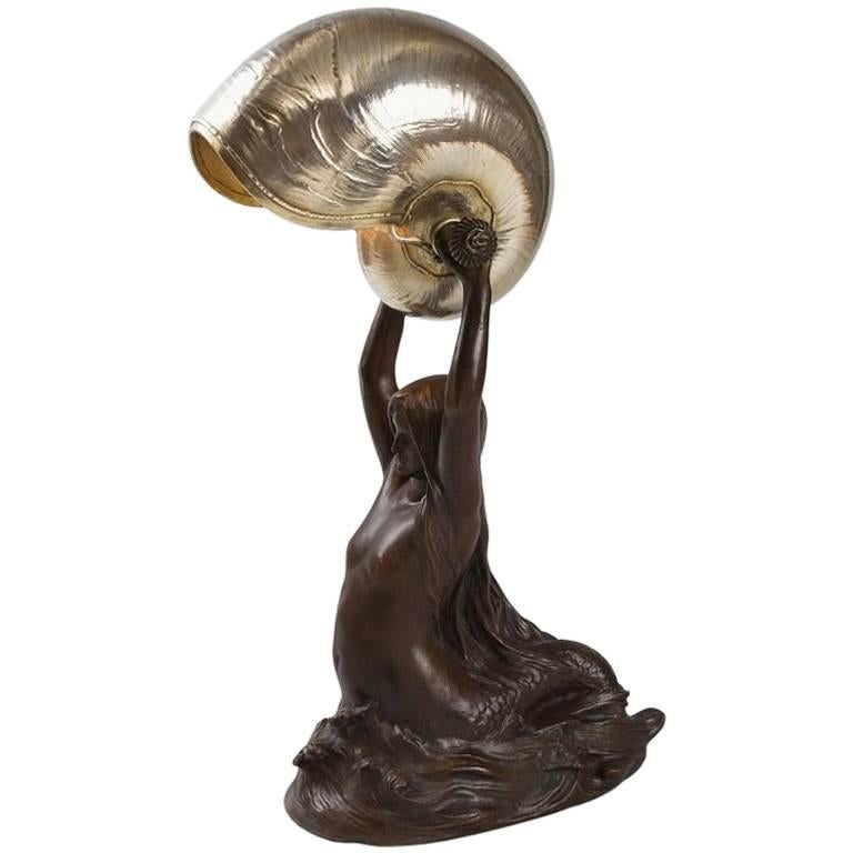 Tiffany Studios "Nautilus" Table Lamp with Gudebrod "Mermaid" Bronze Base
