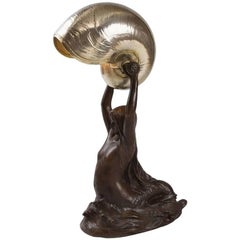 Antique Tiffany Studios "Nautilus" Table Lamp with Gudebrod "Mermaid" Bronze Base