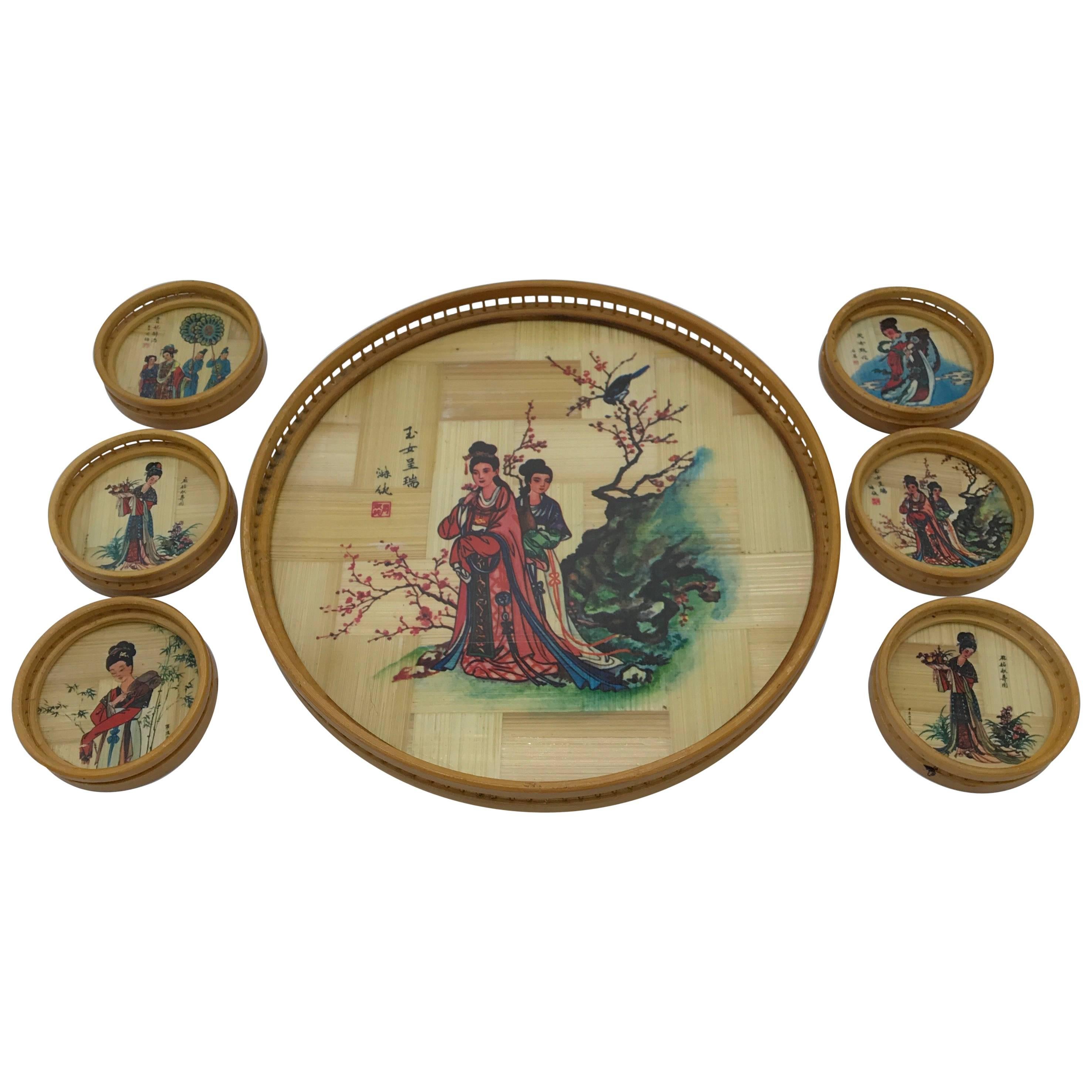 1970s Bamboo Asian Geisha Coasters and Tray, Set of Seven For Sale