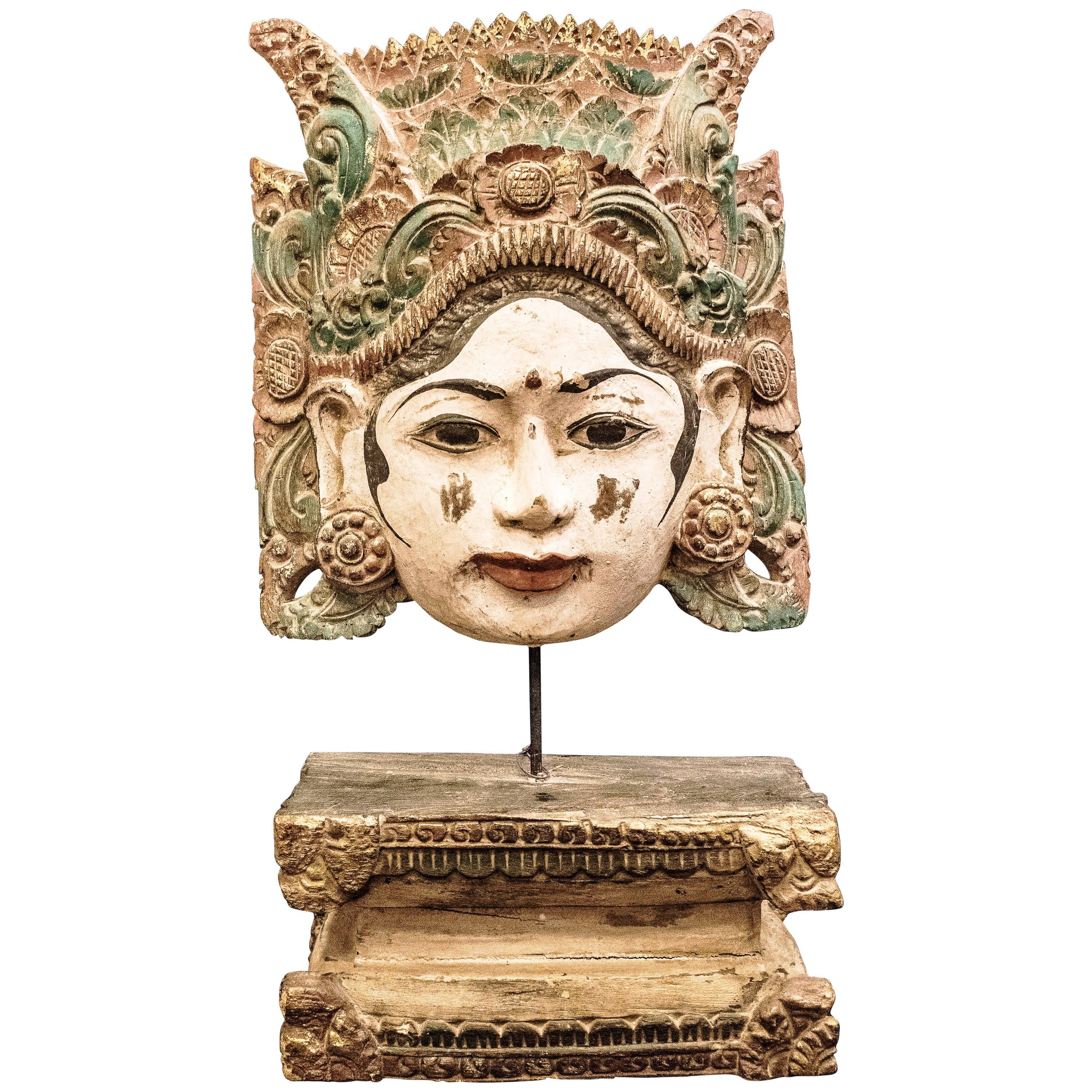 Thai Mask, Carved and Polychrome Wood, Female Mask, 20th Century
