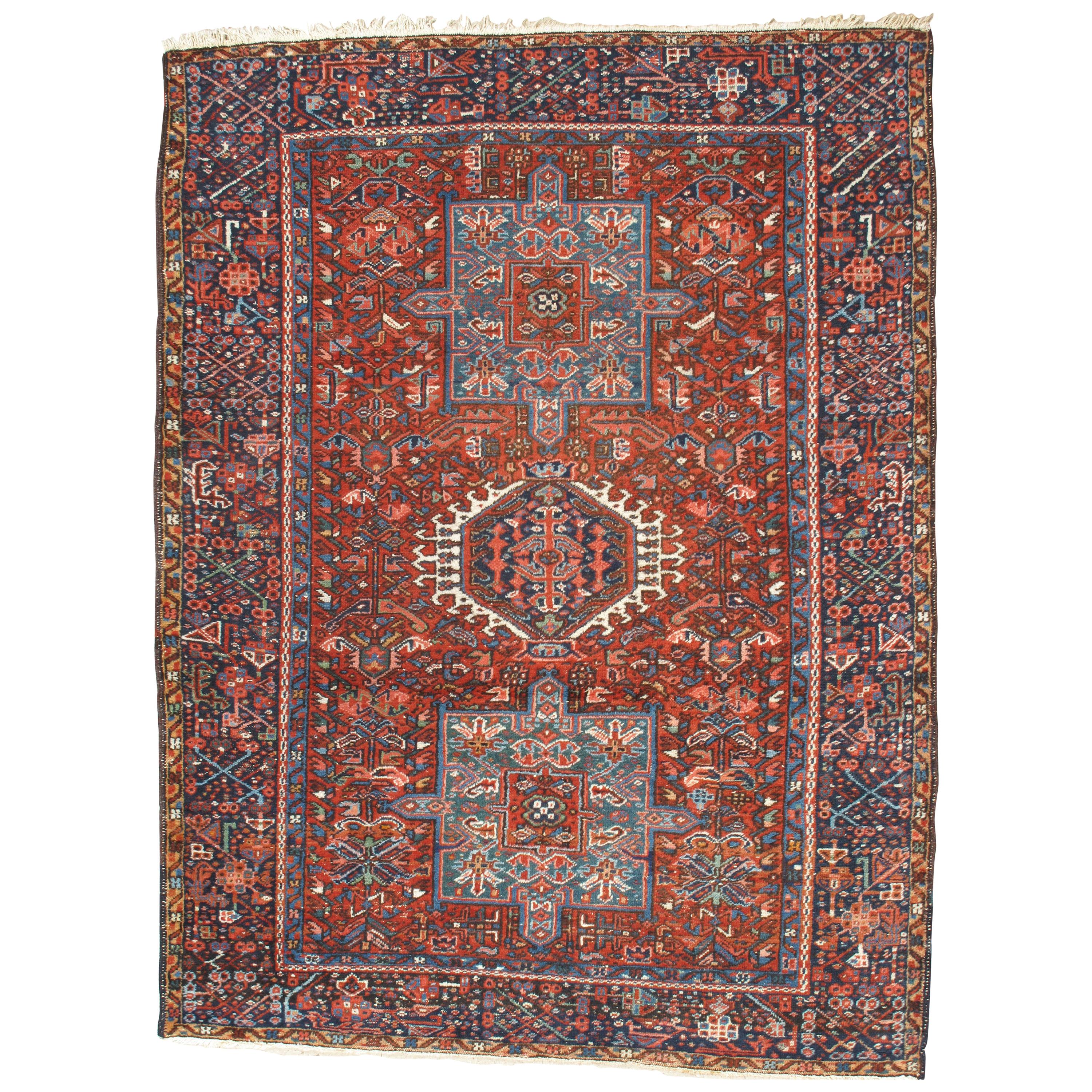 Vintage Persian Karaja Rug, Handmade Wool Oriental Rug, Rust, Ivory, Light Blue For Sale