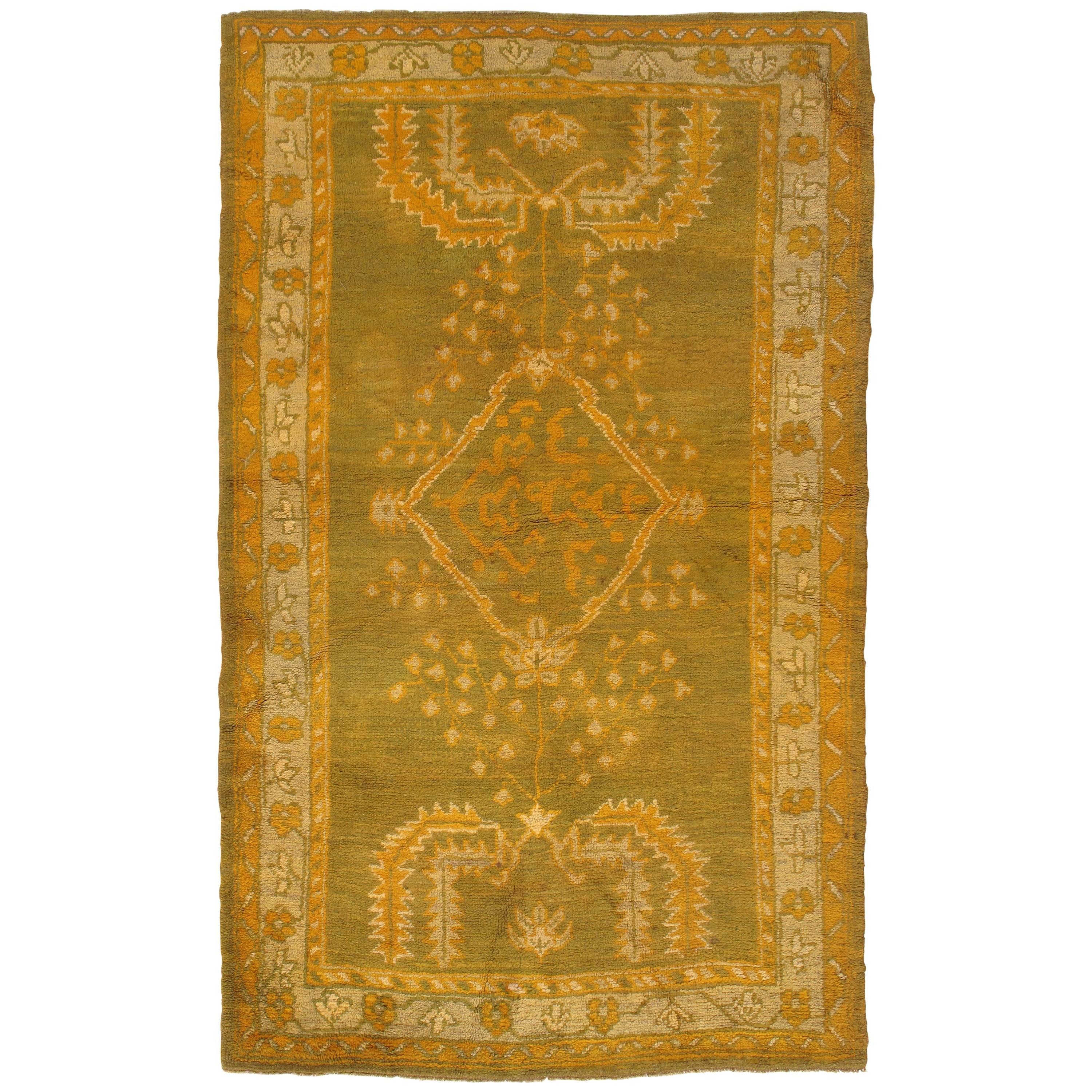Antique Oushak Carpet, Oriental Rug, Handmade Green, Muted Taupe, Soft Saffron