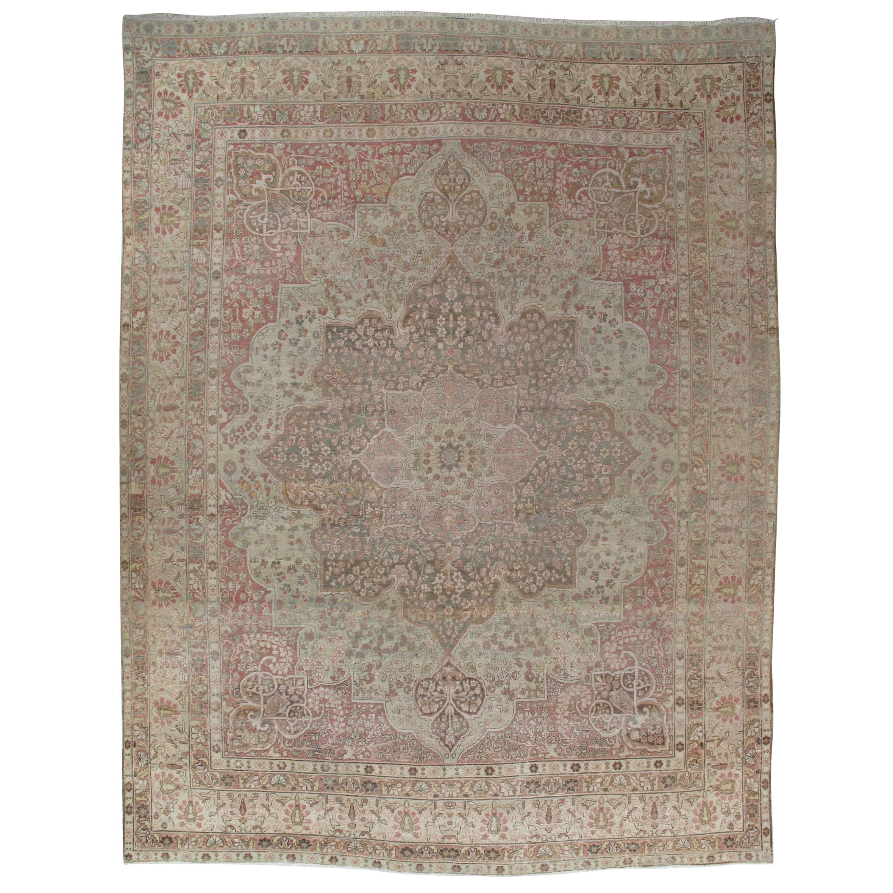 Antique Lavar Kerman Carpet, Soft Pastel Colors, Ivory, Pink, Light Gray/Blue For Sale